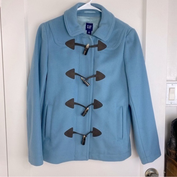 GAP Light Blue + Brown Toggle Closure Wool Blend Duffle Lined Peacoat size Small - Picture 1 of 8